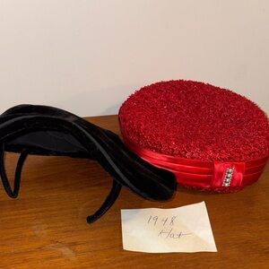 Set of 2 1948 Vintage Fashion Hats 1 Red Pillbox / 1 Black Velvet